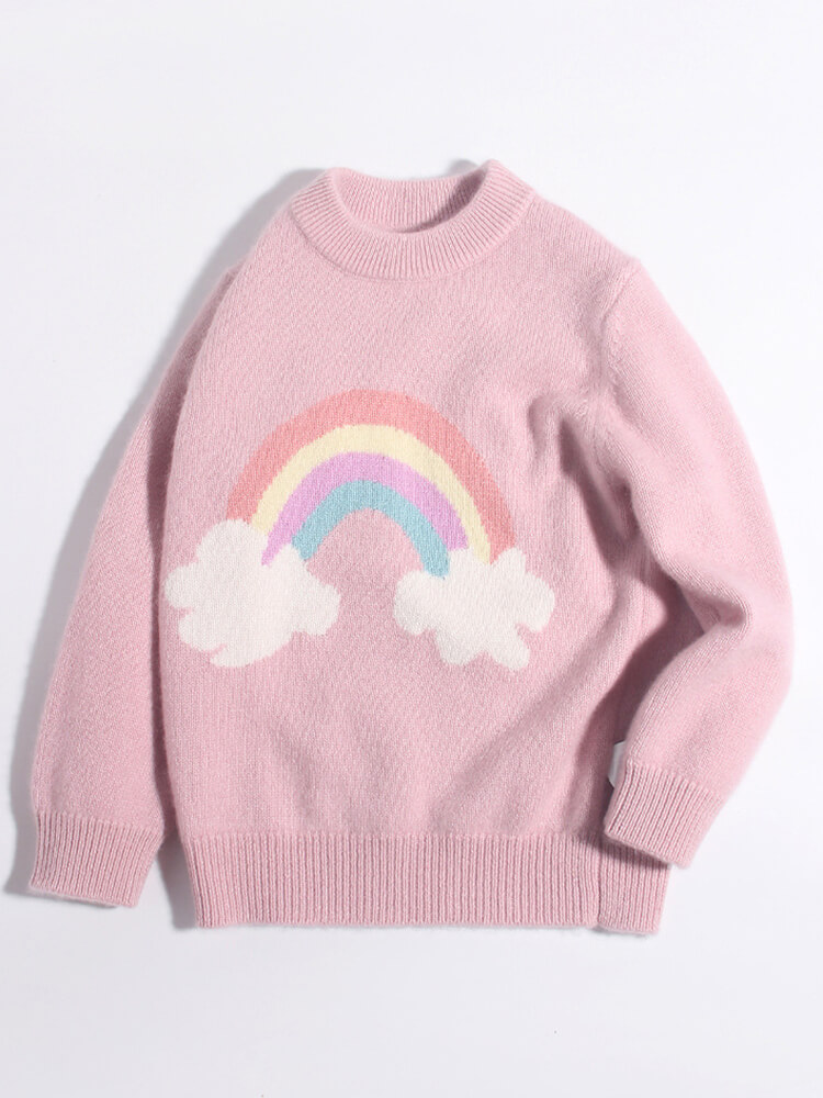 Kids Soft Pink Rainbow and Clouds Knit Pullover Cashmere Sweater